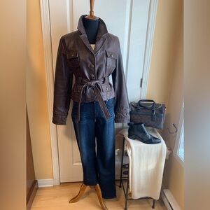 Dark Brown Leather Jacket with belt military style